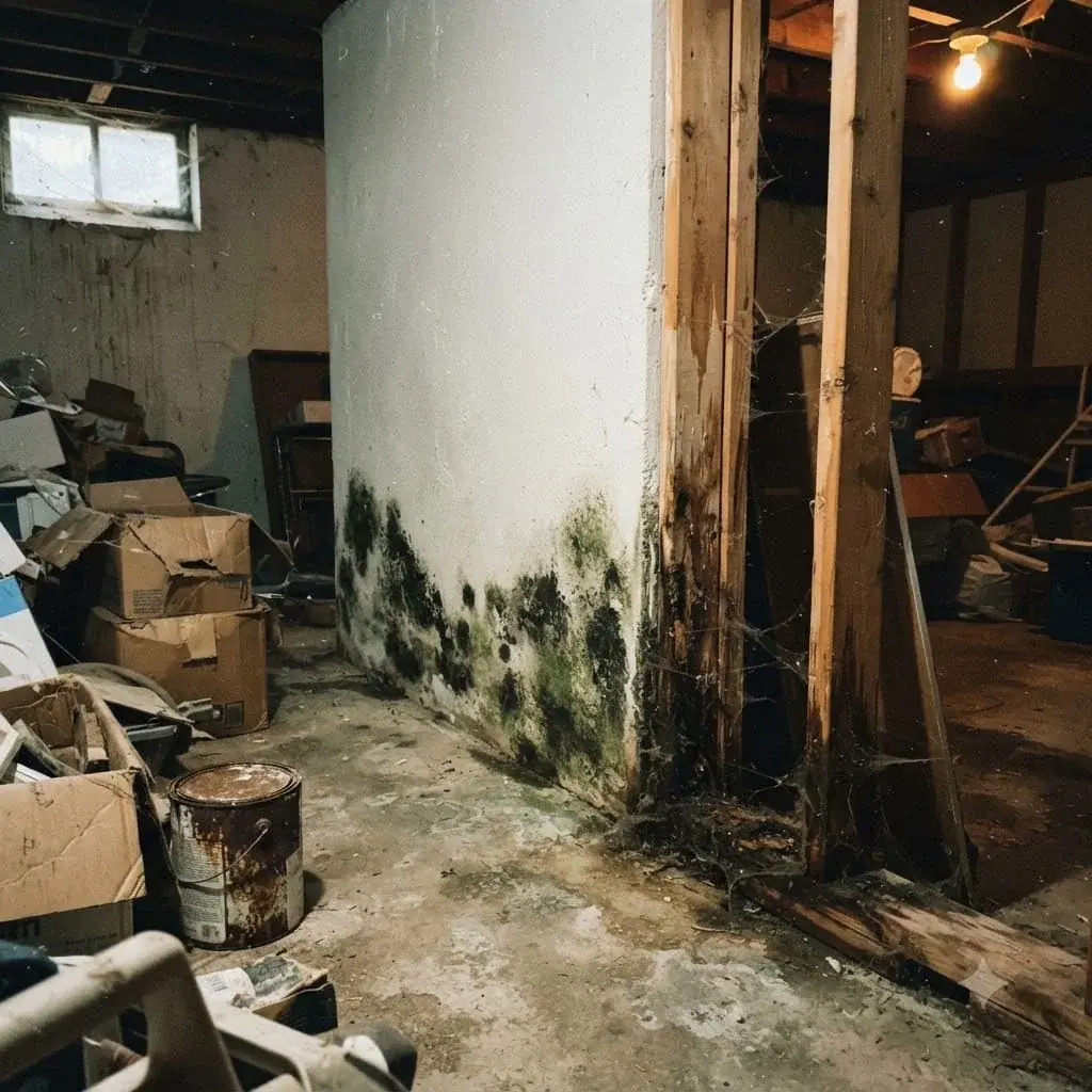 Mold on a basement wall and framing after flooding