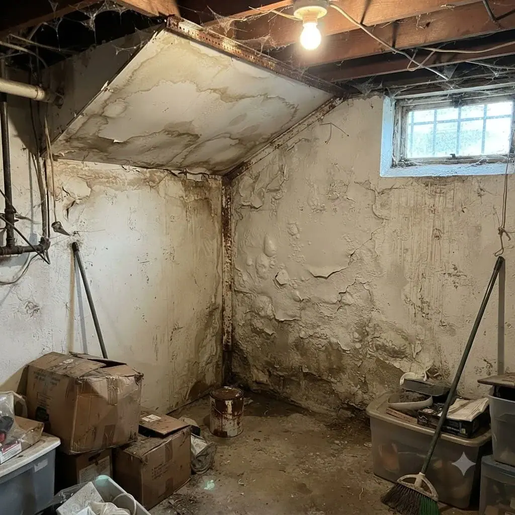 Water-stained basement ceiling and wall damage