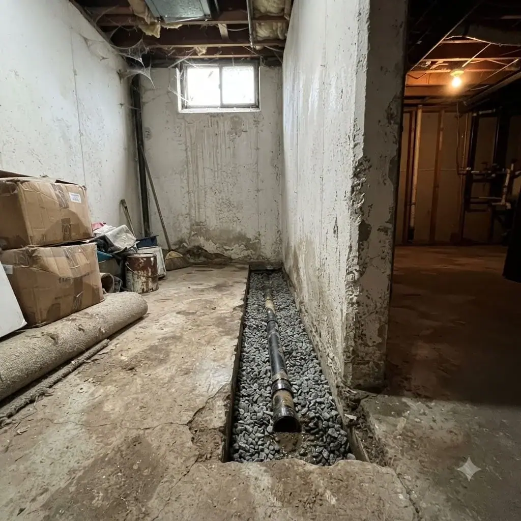 Interior basement floor drain channel along a wall